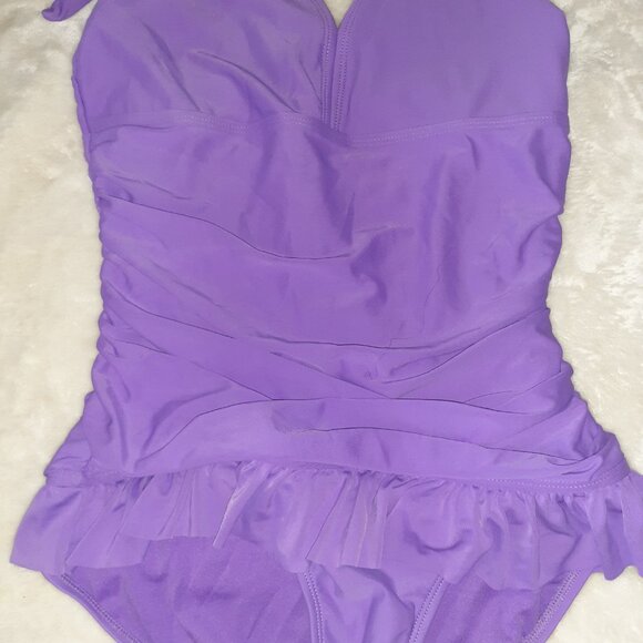 CIRCO 1 PC SWIMSUIT PURPLE RUFFLED RUCHED SIDES BATHING SUIT-GIRLS SIZE XL 14-16 - Picture 2 of 3